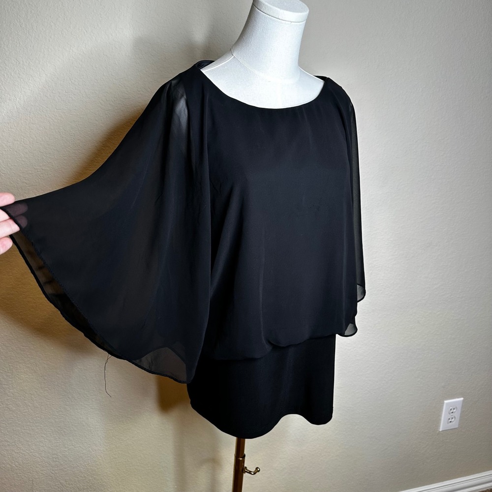 Y2K Coco Bianco Black Capelet Overlay Sheer Sleeve Cocktail Blouse Size L